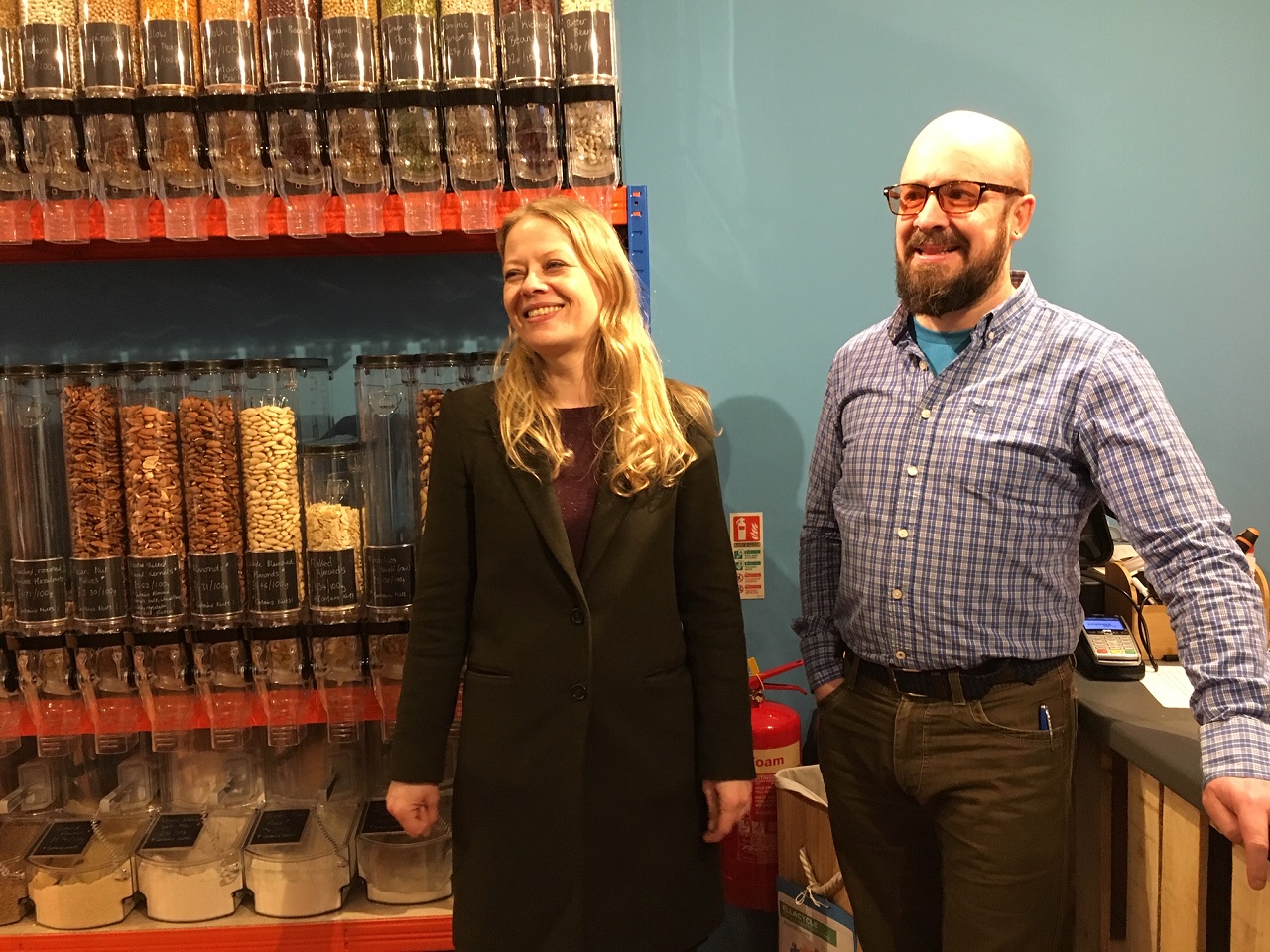 Green Party co-Leader Sian Berry with Green Party councillor Doug Lawson at Another Weigh zero waste shop in Penrith