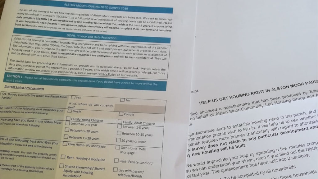 Photo showing the Alston Moor Housing Needs Survey and a letter explaining it