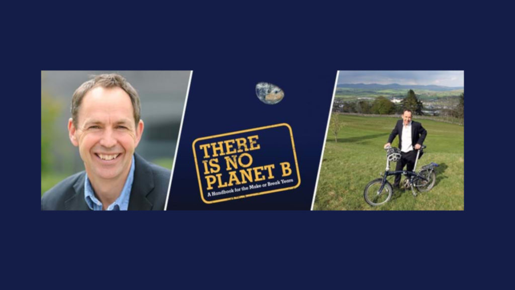 Photo of Mike Berners-Lee and cover of his new book, There Is No Planet B