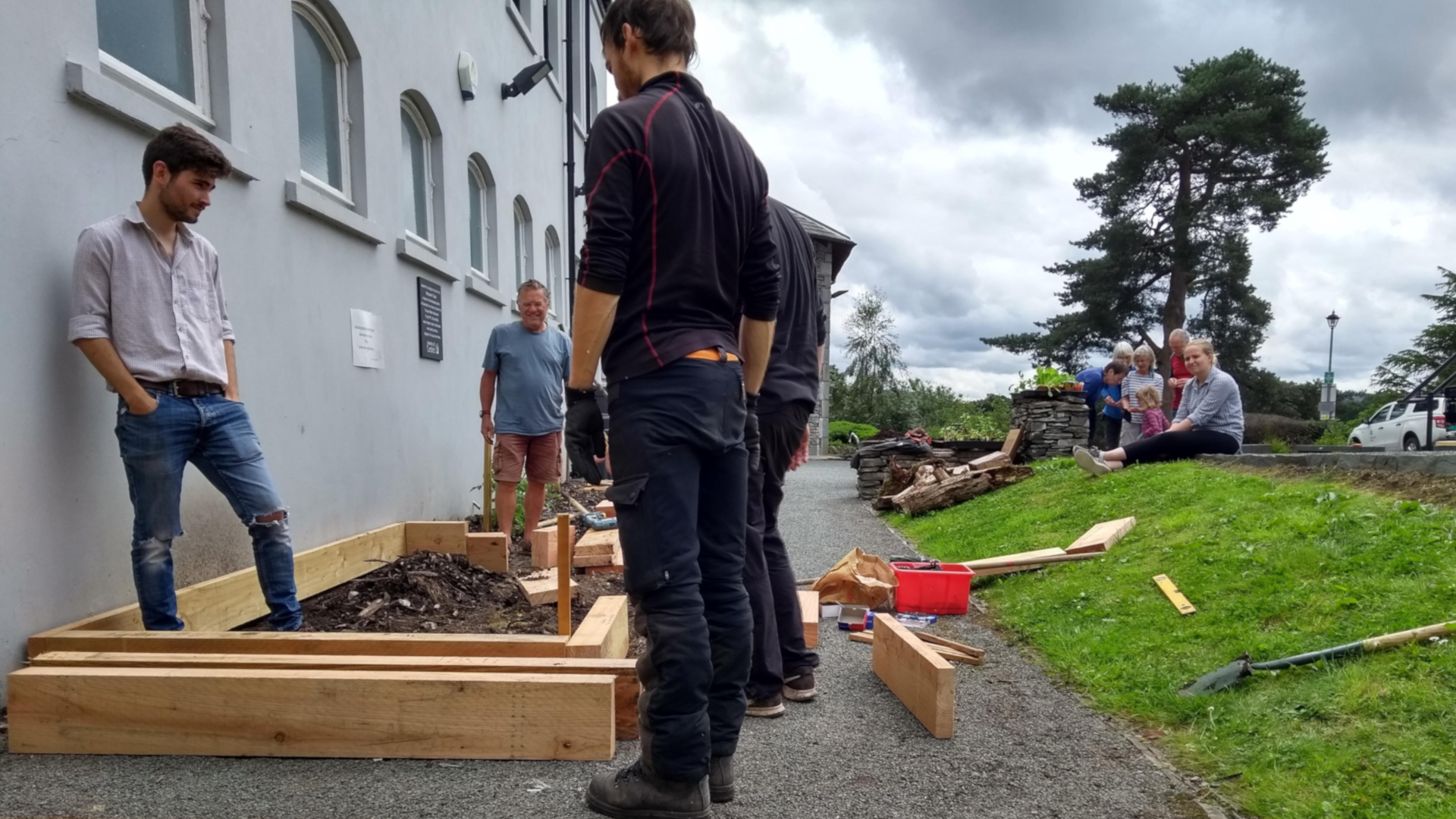 People building planters for community vegetable growing in Ambleside