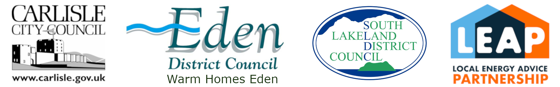 Logos of partners in Cold to Cosy Homes Cumbria - Carlisle City Council, Eden District Council, South Lakeland District Council, LEAP