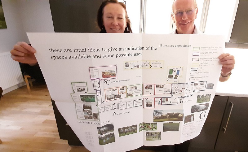 Roe from CAfS with draft ideas for the development of the Old Primary School in Alston, with Chris