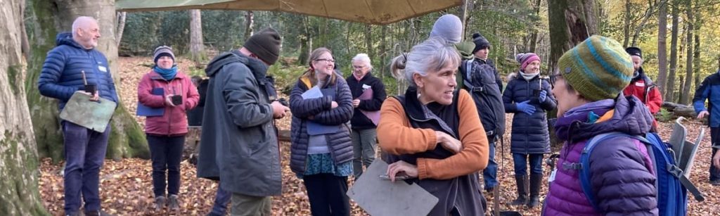 People meeting under an awning in the woods