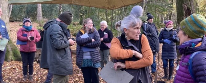 People meeting under an awning in the woods