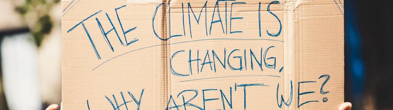 A cardboard protest banner saying: The climate is changing. Why aren't we?