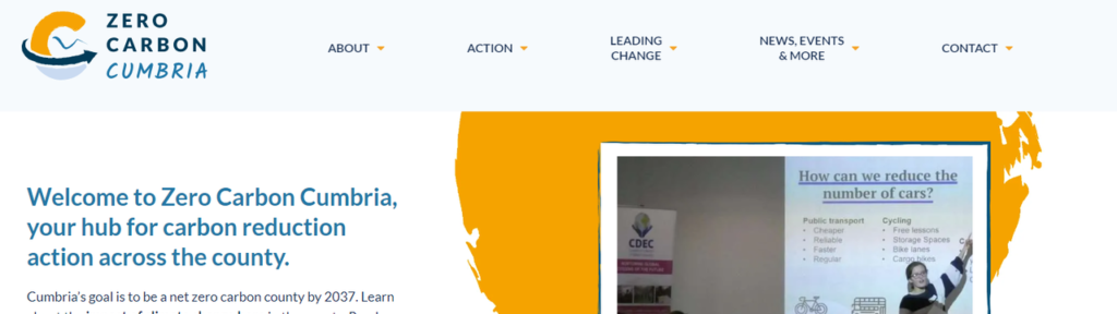 Screenshot of the top portion of the homepage of the Zero Carbon Cumbria website